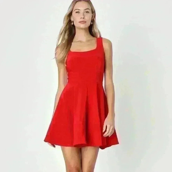 Lulus Red Square Neck Sleeveless Skater Dress, Womens Size Medium - Picture 1 of 8